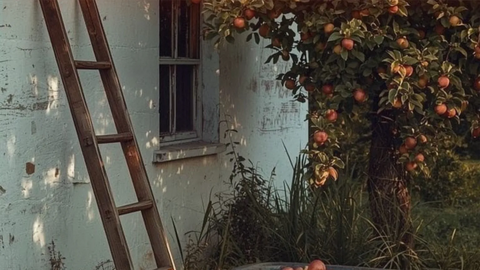Apple tree, farmhouse and vintage ladder